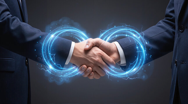 Digital Pulse Handshake with Infinite Energy Loop Symbolizing AI Trust and Business Partnership