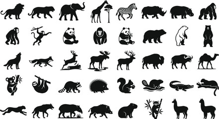 Obraz premium Wild animals silhouette collection vector black shapes safari zoo mammals big bundle set isolated on white background graphic elements