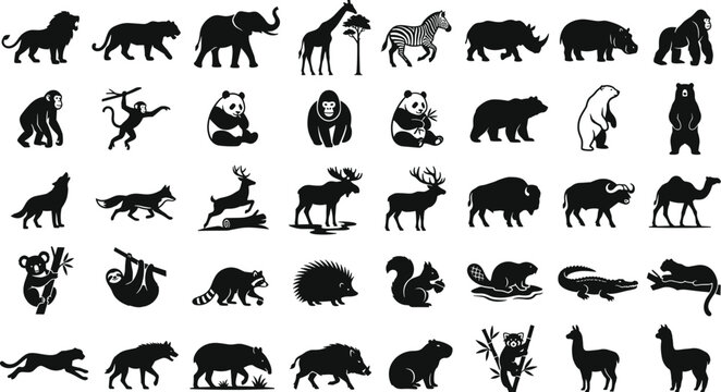 Wild animals silhouette collection vector black shapes safari zoo mammals big bundle set isolated on white background graphic elements