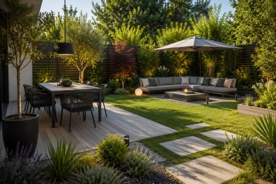 Modern garden with outdoor dining and lounge area