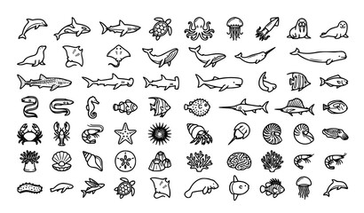 Obraz premium Ocean Wildlife Outline Icons Vector Set Featuring Marine Animals and Sea Life Collection
