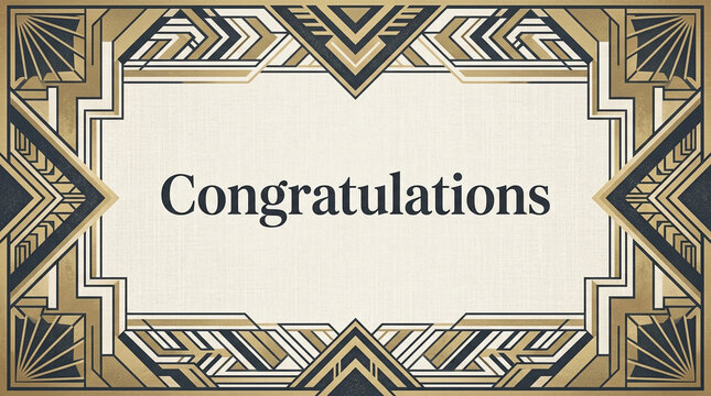 Art Deco congratulations card with gold geometric frame, vintage 1920s Gatsby style border, elegant luxury greeting for celebration and success