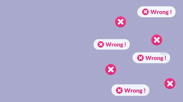 Animated wrong icons with copy space symbolizing incorrect action, failure, error, rejection, and problem solving. Ideal for warning alerts, failed actions, notifications, and user interface concepts.