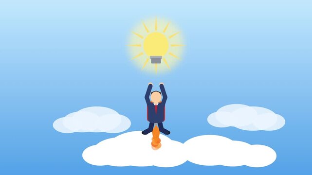 man with jetpack reaching for glowing light bulb idea, business ambition concept