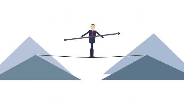 Businessman balancing on tightrope between mountains life balance risk challenge courage stability concept