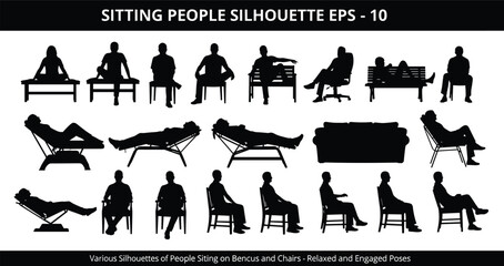 Sitting people silhouette illustrations, relaxed posture artwork, ergonomic design collection, black white figure set, stylized seating profiles © Fenshi