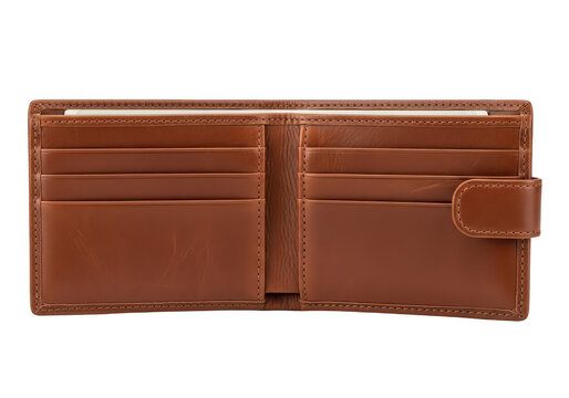 Open brown leather wallet with card slots for money and credit cards on display isolated on transparent background