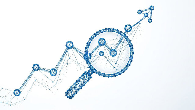 Abstract Blue Low Poly Magnifying Glass Examining Rising Financial Growth Graph and Arrow on White Background