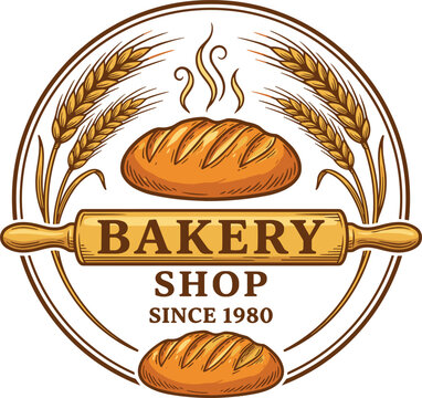Bakery shop retro logo template featuring fresh hot bread loafs rolling pin and golden wheat ears in circular frame vector