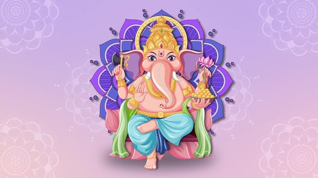 Animated Lord Ganesha Illustration with Rotating Mandala on Pink Background