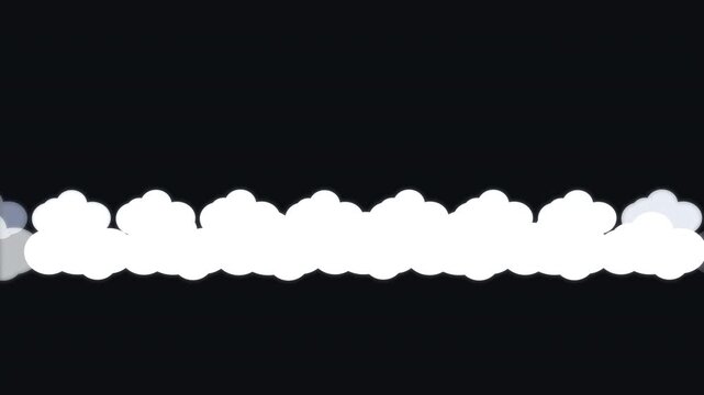 Cartoon speed smoke cloud animation on black background, minimal flat layered style