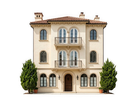 Elegant luxury villa with arched windows and balconies, isolated on transparent background