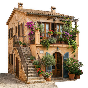 Charming rustic stone house with a balcony full of colorful flowers and a stone staircase, isolated on transparent background