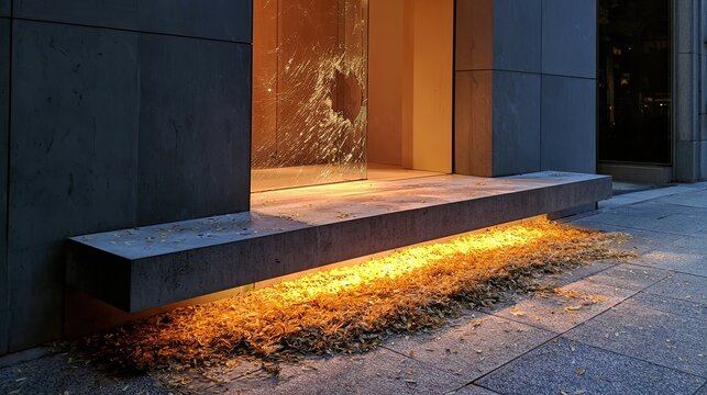 Modern Building Entrance with Warm Uplighting and Stone Facade.