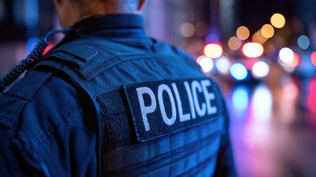 Police Officer in Uniform on Duty at Night with City Lights.