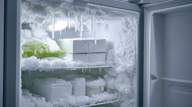 Inside of a Frosty Freezer with Ice Buildup.