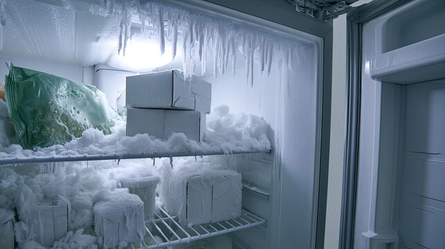 Inside a Frosty Freezer with Boxes and Ice Buildup.