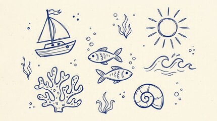 Obraz premium Nautical sketch collection sailboat fish coral and ocean elements hand drawn illustration