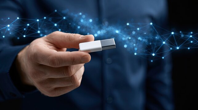 Hand Holding USB Drive with Digital Network Connection.