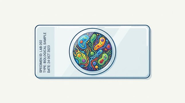 Microscope slide with biological sample. Laboratory glass specimen showing colorful cells.