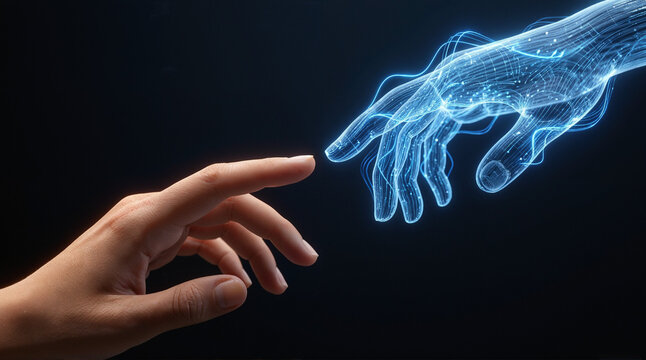 Human and AI Digital Touch Representing Future Connection, Artificial Intelligence and Innovation