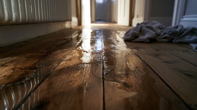Water damage on wooden floor with sunlight streaming in.