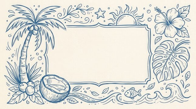 Tropical sketch frame palm trees hibiscus and ocean elements for summer designs
