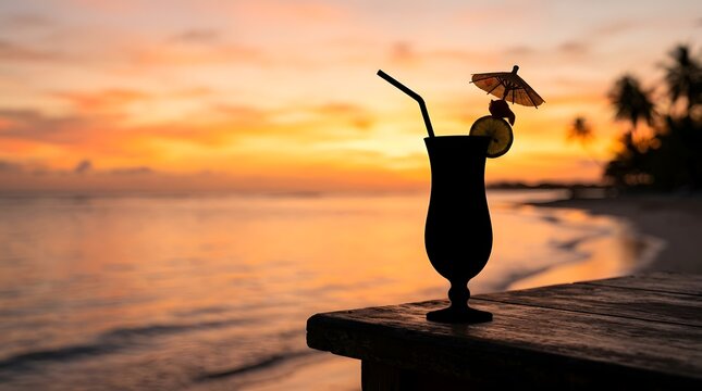 Silhouette of a tropical cocktail drink in a hurricane glass with straw and paper umbrella on a wooden table at a sandy beach during a golden sunset with ocean and palm trees.