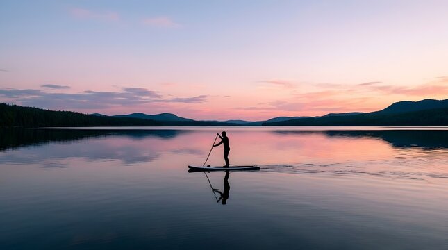 Silhouette of a man stand up paddleboarding on a calm mountain lake during a pink and purple sunset with a clear reflection in the still water and forest hills in distance.