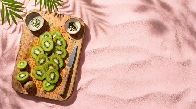 Top view of fresh sliced kiwi fruit on a wooden cutting board with seeds and a knife on pink sand background featuring tropical palm leaf shadows and empty copy space.