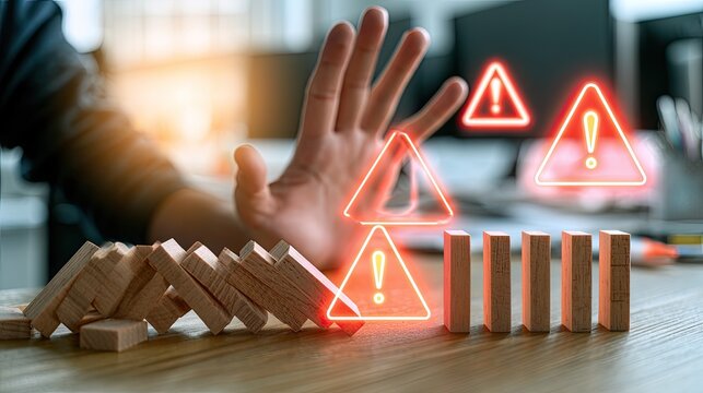 Business Risk Management Stop Domino Effect with Warning Signs.