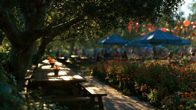 Outdoor Garden Party Setup with Long Tables and Tents.