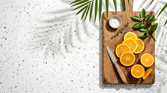 Sliced fresh oranges on a rustic wooden cutting board with a knife, sea salt, and thyme, set on a white terrazzo countertop under palm leaf shadows with copy space.