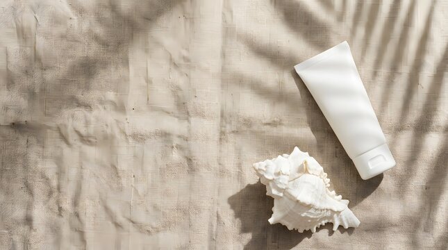 Blank white plastic cosmetic tube mockup and conch seashell on beige textured linen fabric background with tropical palm tree leaf shadows in bright summer sunlight.