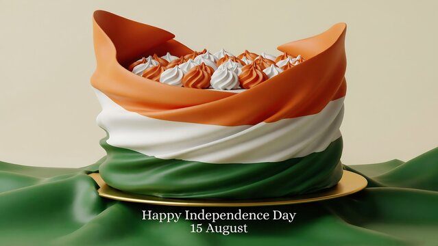 Artistic cake wrapped in indian flag tricolor fabric with white and orange cream frosting dollops on top for happy independence day fifteen august celebration on green silk table.