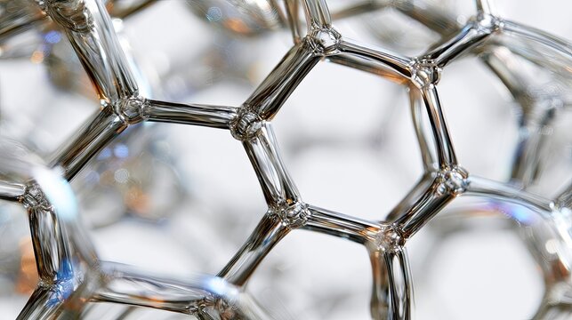Close-up of a metallic hexagonal molecular structure.