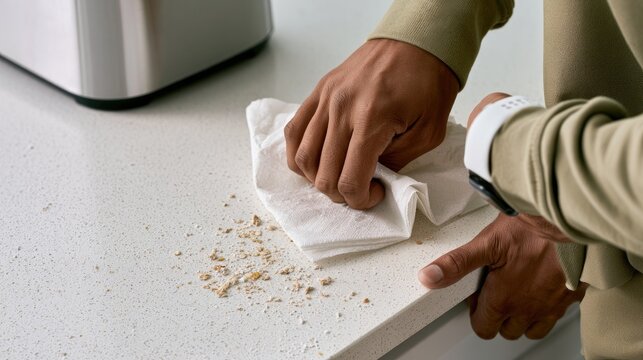 Close-up of hands cleaning crumbs from a white countertop with a cloth.