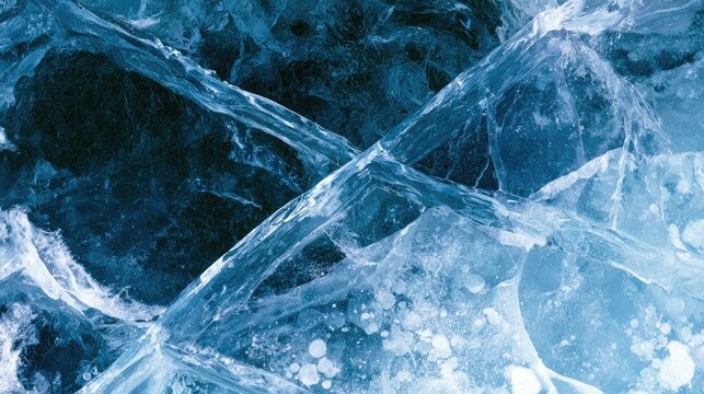 Close-up Abstract Texture of Cracked Blue Ice with Bubbles.