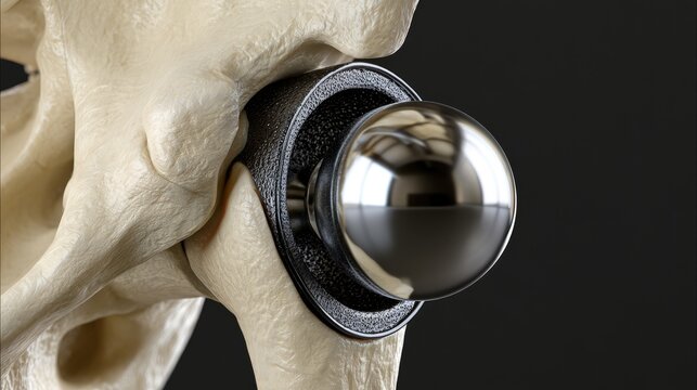 Close-up of a modern hip replacement implant in a human pelvis model.