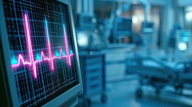 Close up of a heart monitor displaying a vital EKG reading in a hospital setting.