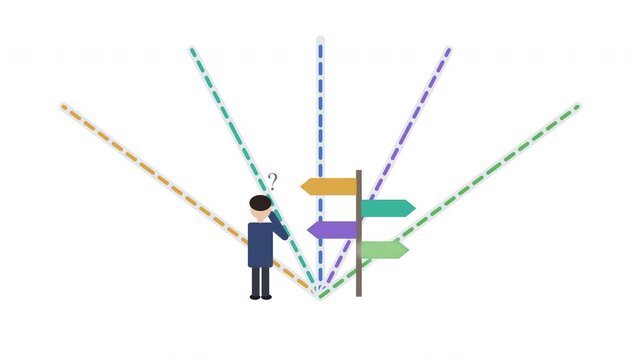 Confused businessman at crossroads, choosing directions, career decision, life path uncertainty