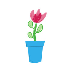 Obraz premium Cute Cartoon Pink Flower in a Blue Pot Isolated on White