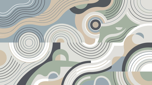 Geometric pattern features intricate concentric circles and fluid lines in a modern neutral color palette.