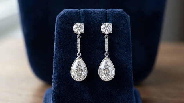Elegant Diamond Drop Earrings on Velvet Display