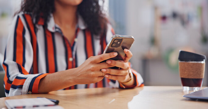 Hands, home and woman with phone for remote work, internet and online chat for break. Freelancer, typing and person on cellphone for social media, website and contact for wfh, connection and email