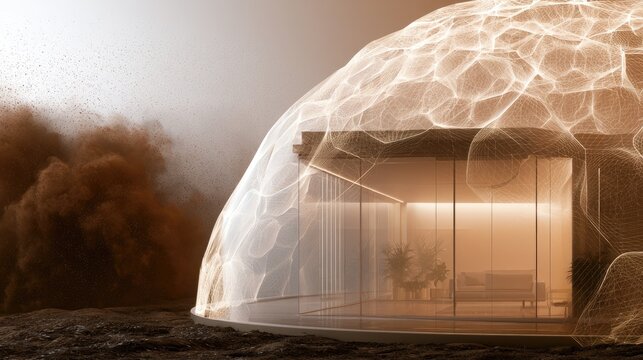 Conceptual illustration of a protected structure within a protective dome shielding it from a dust storm.