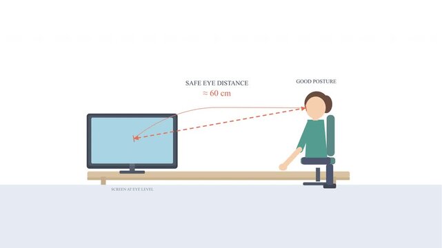 Correct posture and eye distance from computer screen, female sits at desk