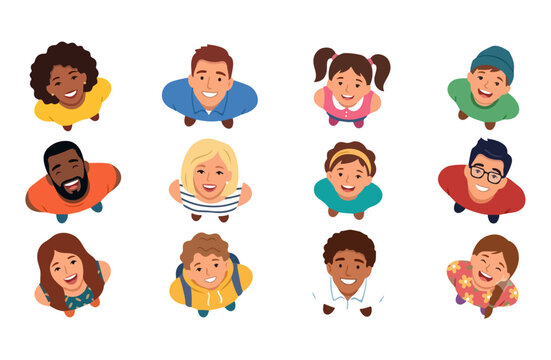 Happy people looking up, 12 multiethnic character avatars in top view, smiling men and women portraits, flat vector illustration
