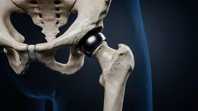 Human hip replacement surgical implant illustration with replacement, orthopedic