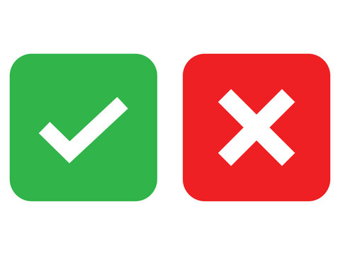 Check Mark and Cross Icons Set in Rounded Square Buttons Vector Illustration Isolated on White Background